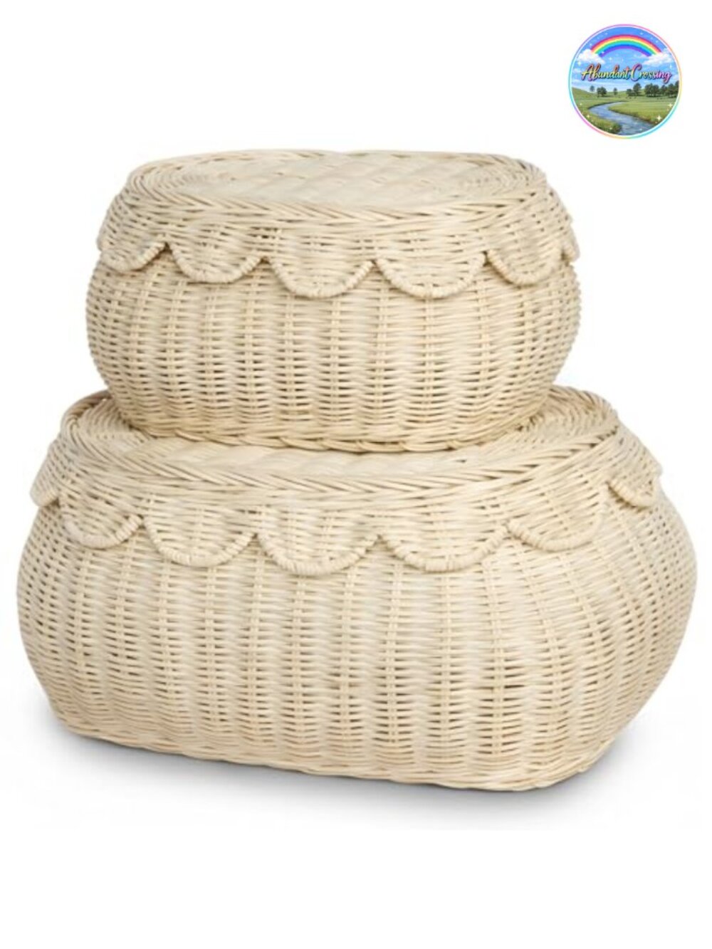 Handwoven Rattan Storage Basket with Scalloped Lid – Set of 2